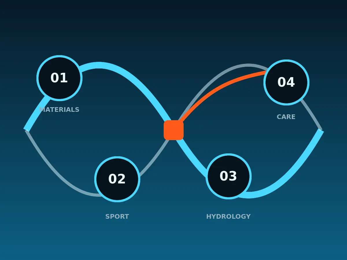 A fluid four-channel map linking materials, sport, hydrology and care